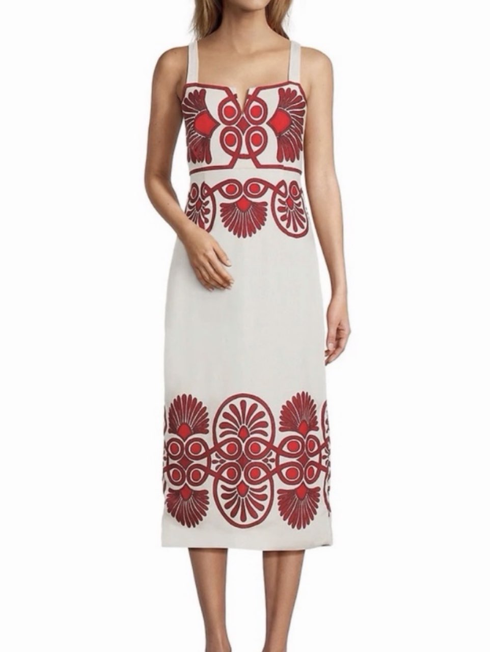Cream and Red Embroidered Midi Dress