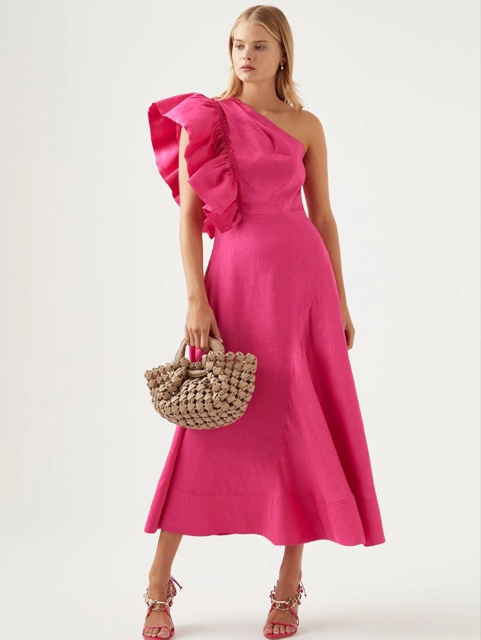 One-Shoulder Ruffle Midi Dress