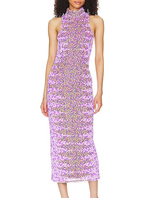 Purple Floral High-Neck Midi Dress