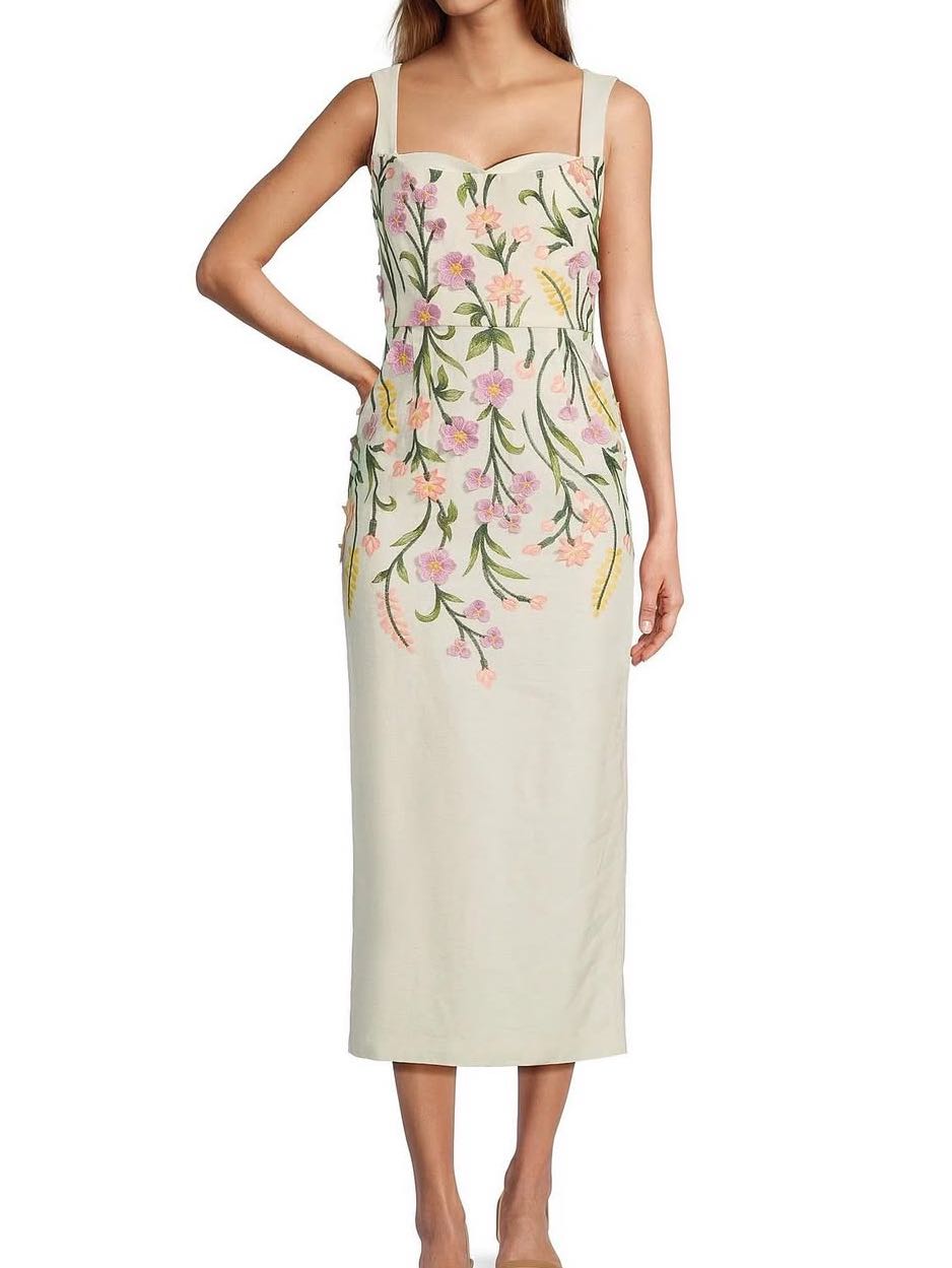 Halo Linen Blend Floral Embroidered Sleeveless Midi Dress