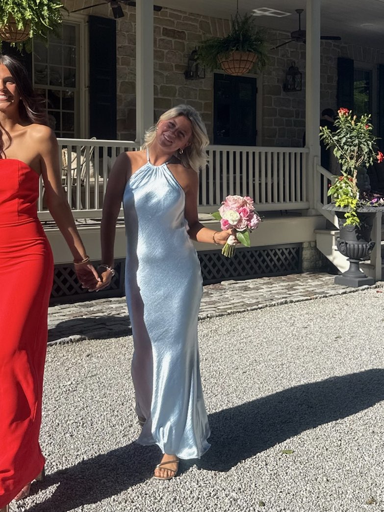 Light Blue Satin Halter Cowl Back Maxi Dress