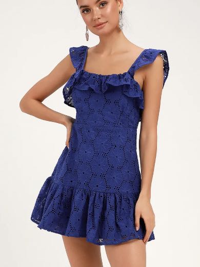 Biscay Cobalt Blue Ruffled Eyelet Lace Sleeveless Dress
