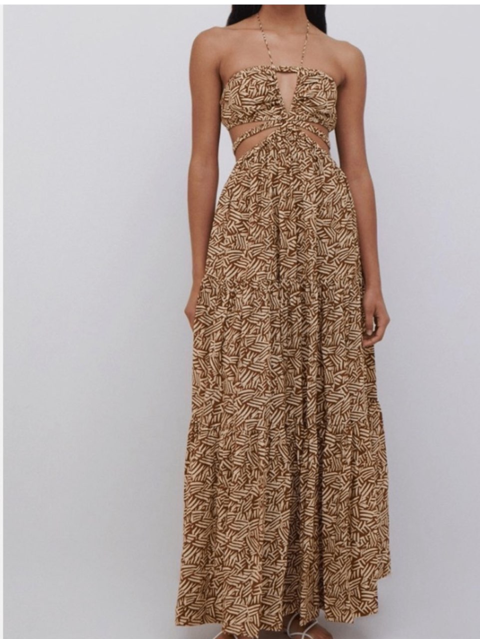 Brown Abstract Print Halter Cutout Maxi Dress