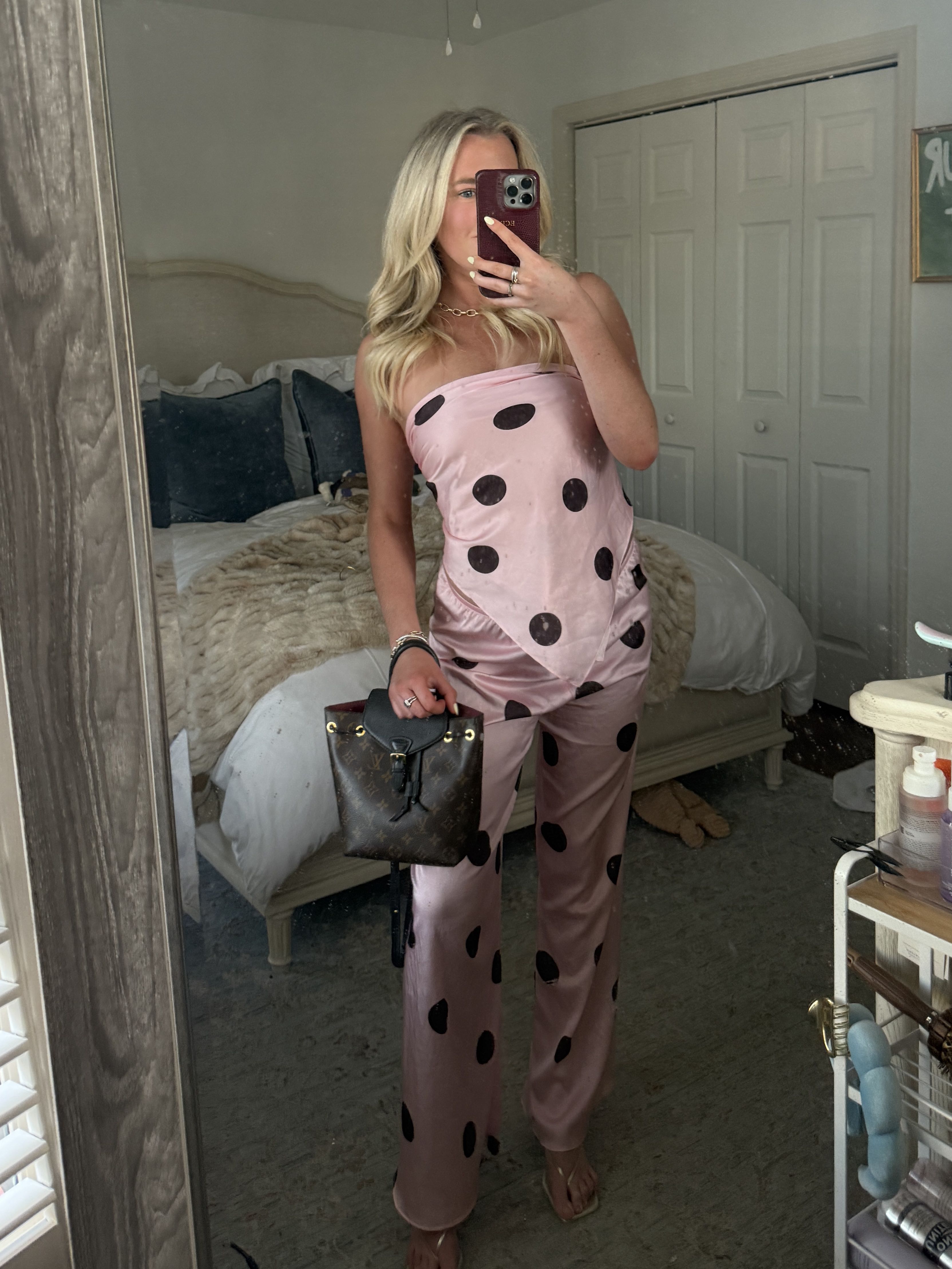 Pink and Brown Polka Dot Satin Set