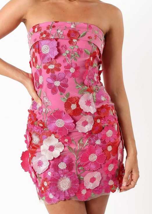 Pink Floral Embroidered Strapless Mini Dress