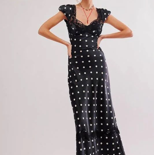 Free People Black Polka Dot Lace Trim Midi Dress