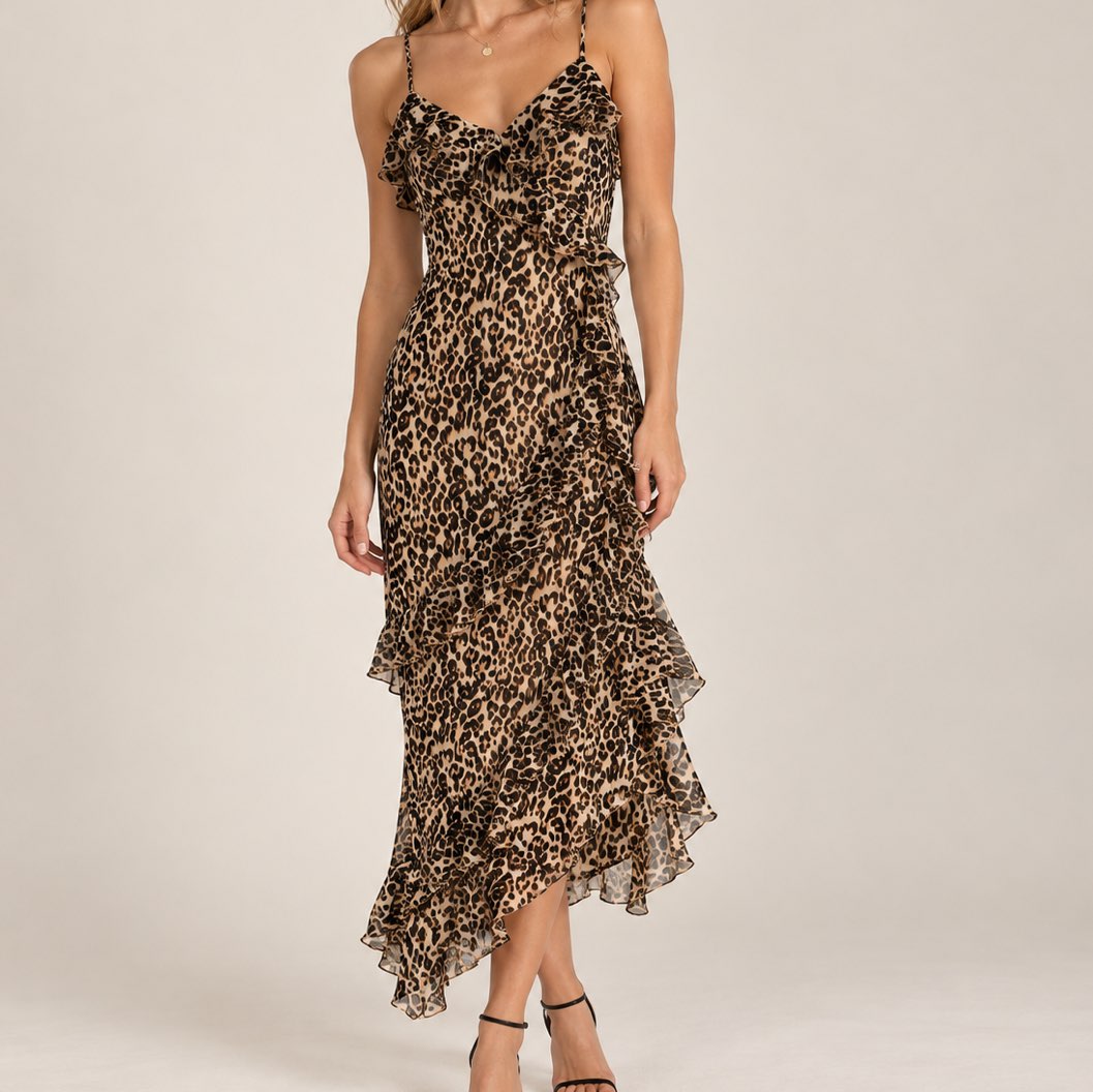 Paris Hilton Leopard Print Ruffle Maxi Dress