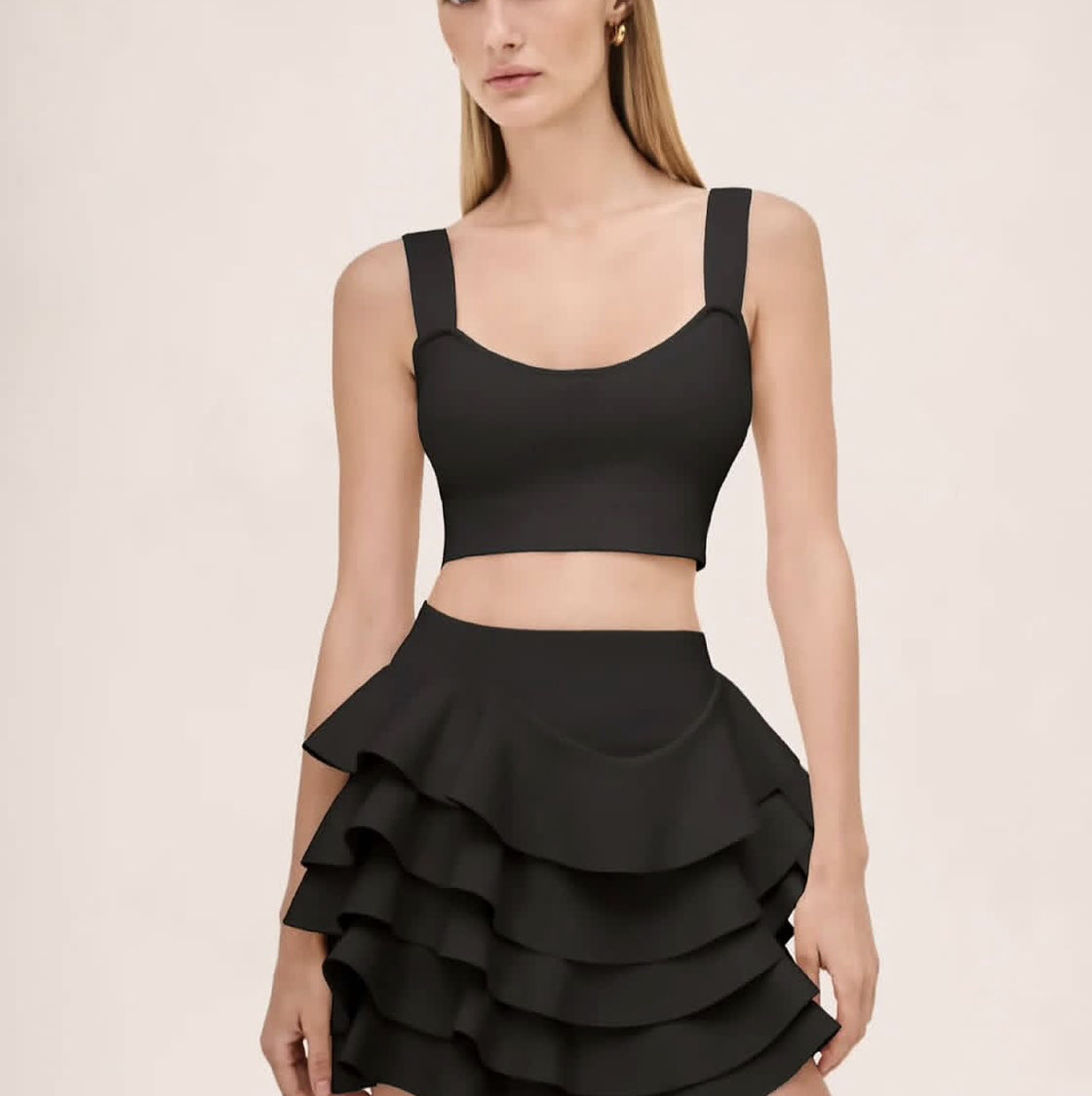 Black Ruffled Crop Top and Mini Skirt Set