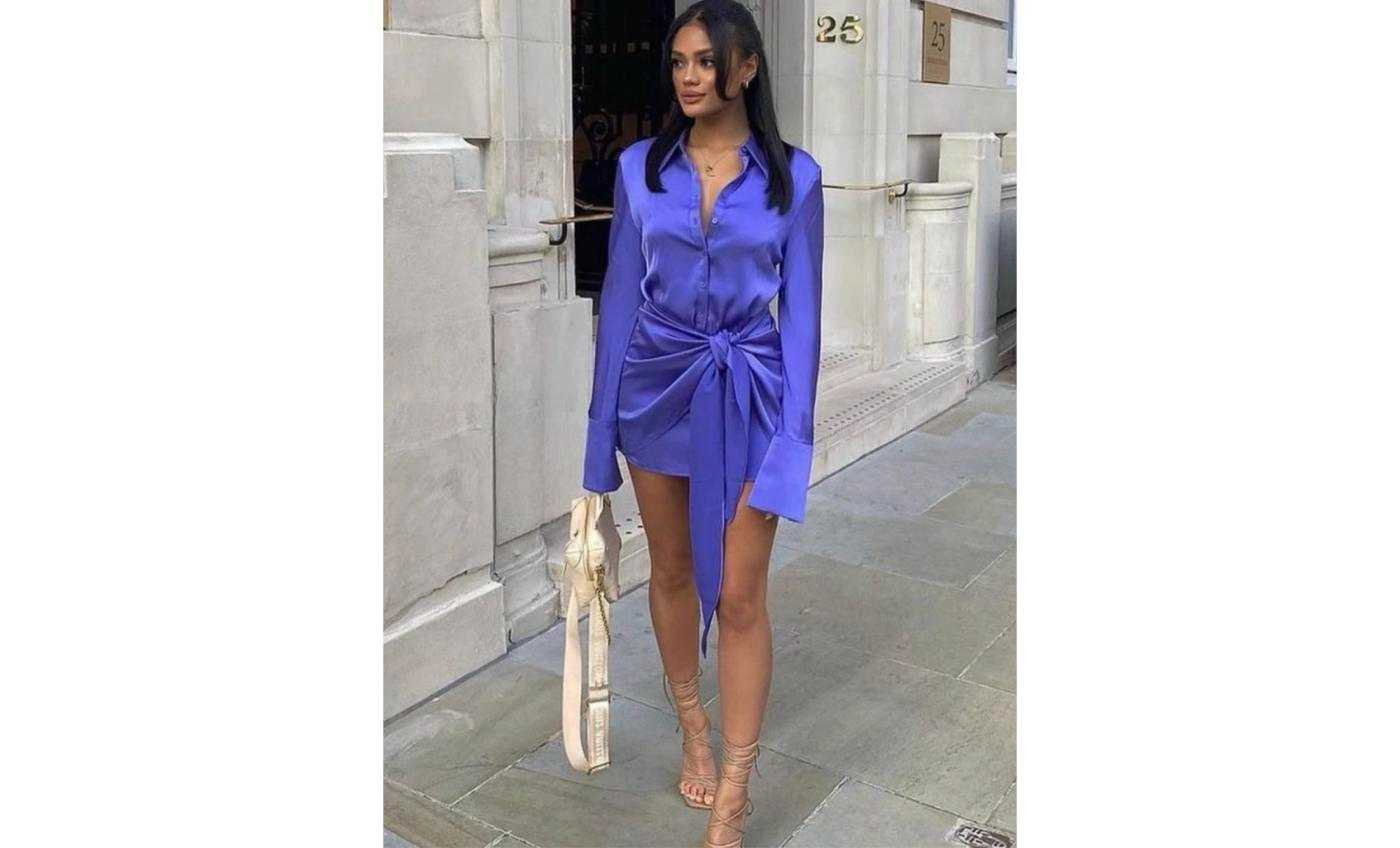 Rat & Boa Blue Satin Wrap Shirt Dress