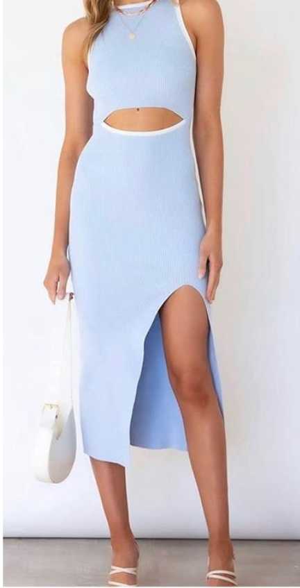 Light Blue Ribbed Knit Cutout Midi Dress