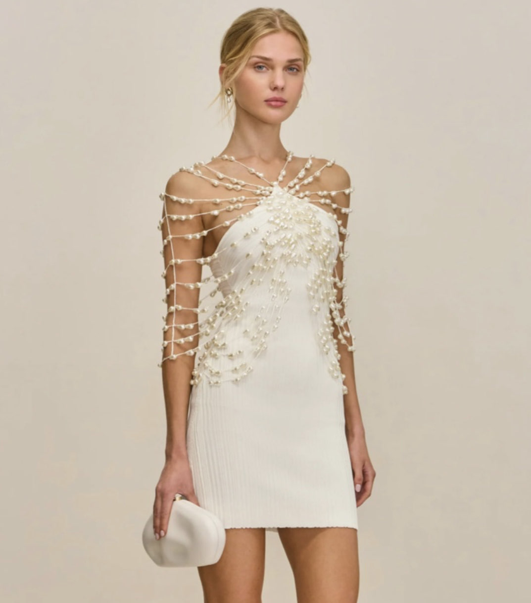Ivory Pearl Embellished Mini Dress