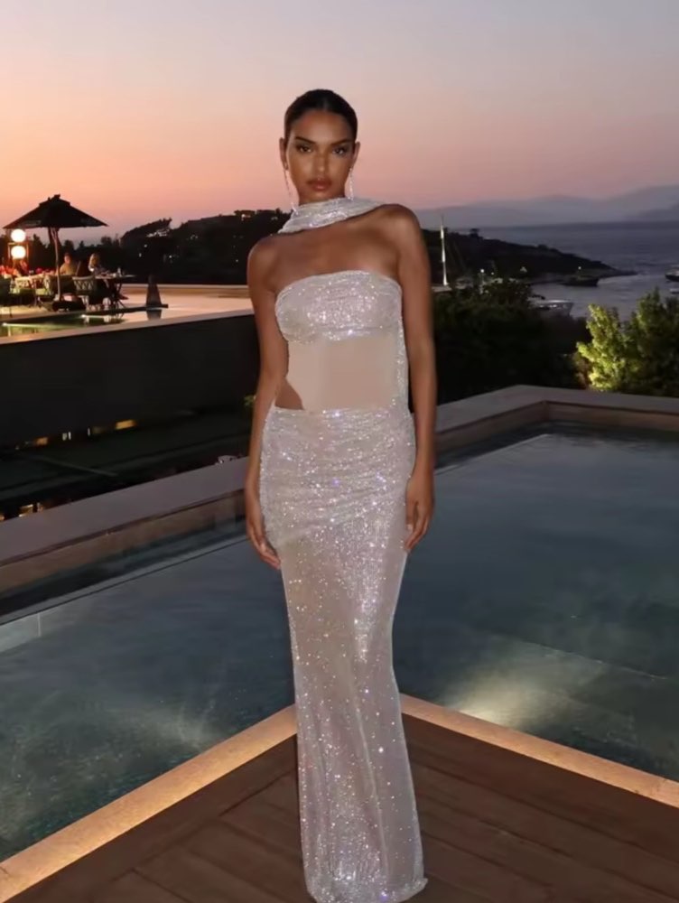 Silver Sequin Cut-Out Gown with Scarf Neck