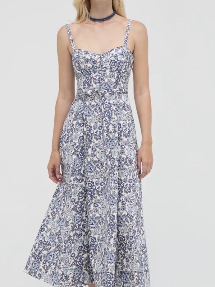 Blue and White Paisley Print Midi Dress