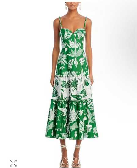 Green and White Tropical Print Midi Dress