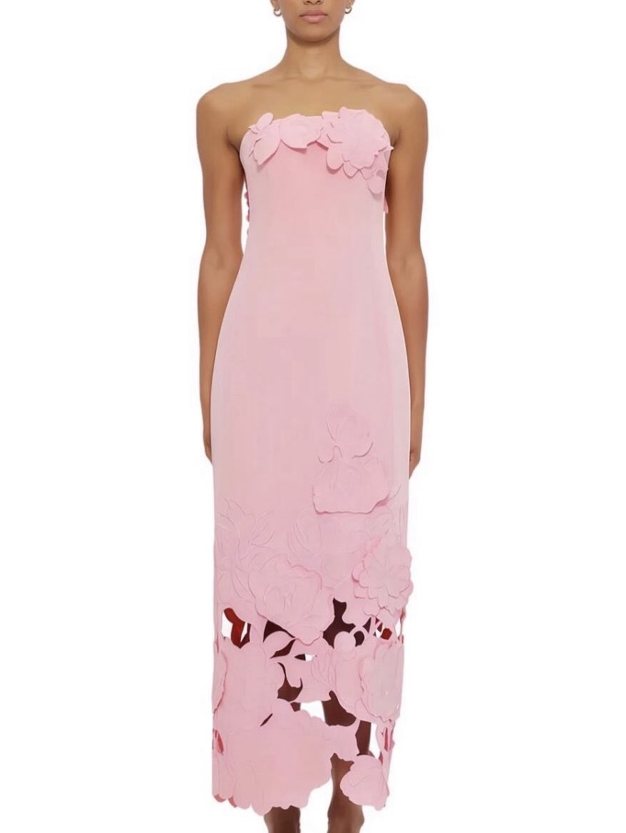 Pink Floral Applique Strapless Maxi Dress