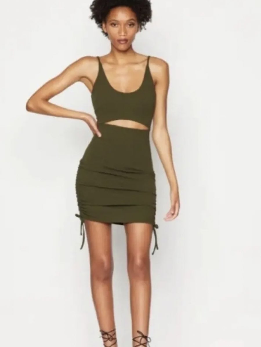 Olive Green Cutout Ruched Mini Dress