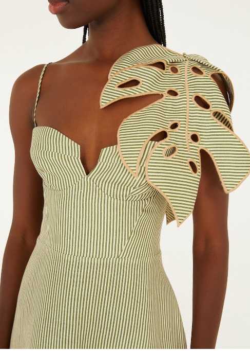 Green Striped Monstera Leaf Midi Dress