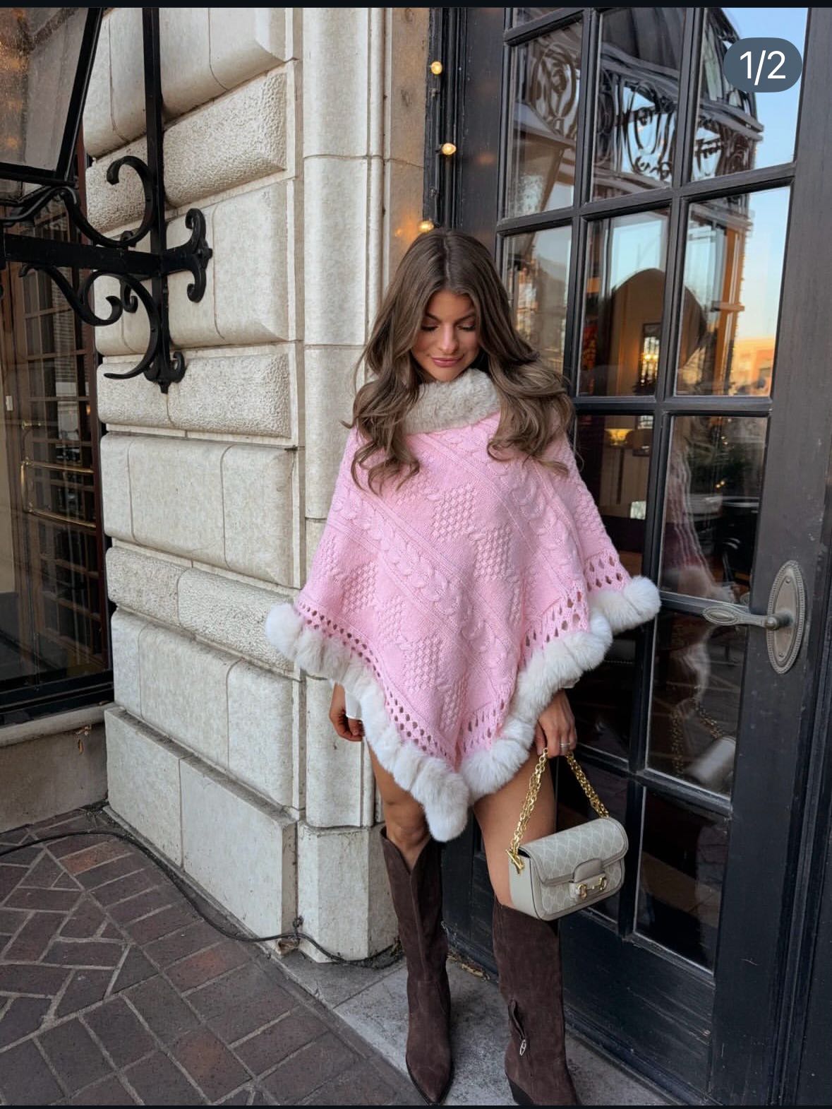 Pink Knit Poncho with Fur Trim