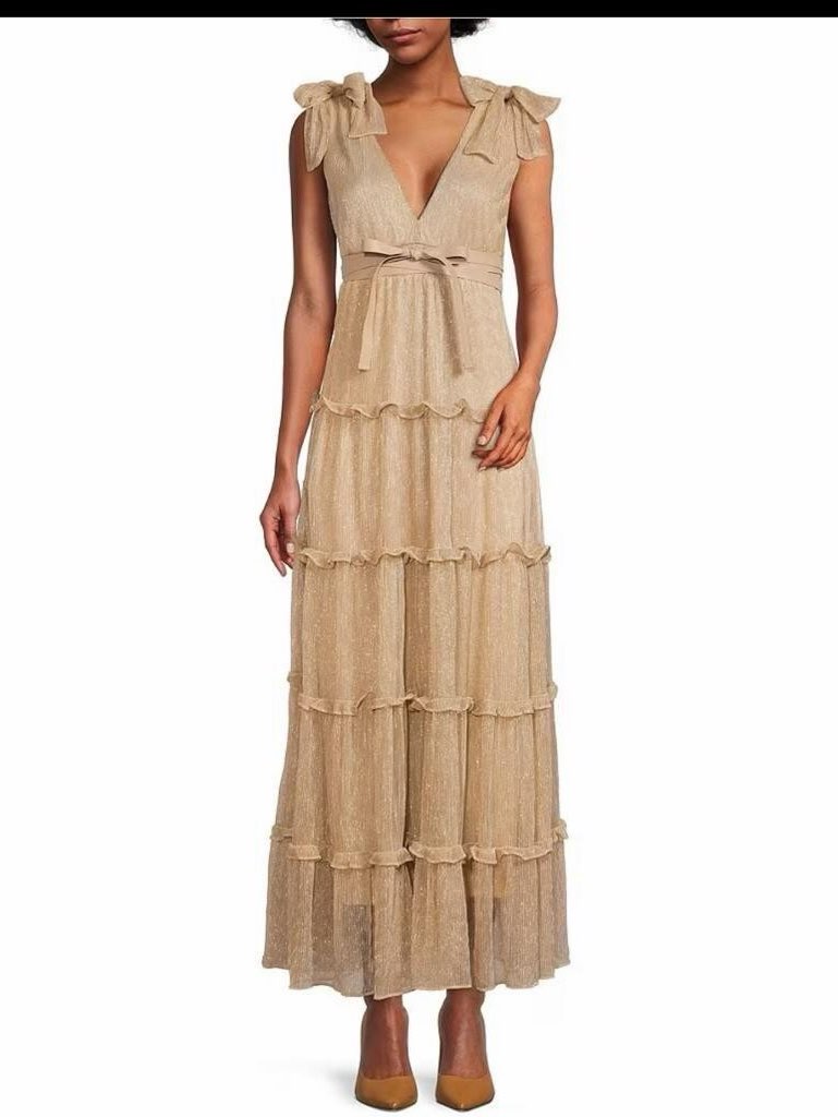 Tan Metallic V Neck Maxi Dress