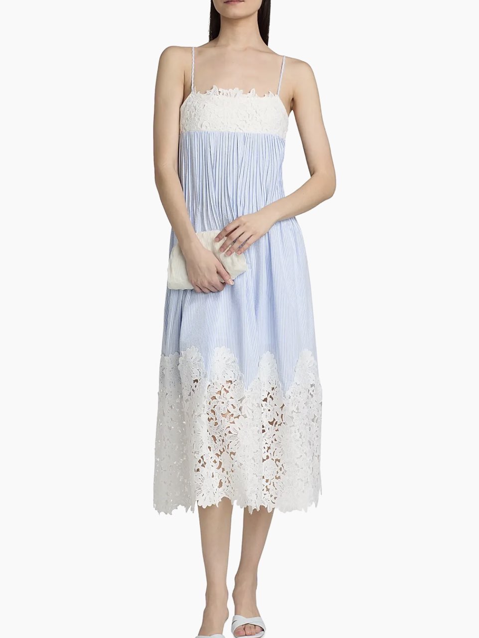 Light Blue Striped Pleated Lace Midi Dress