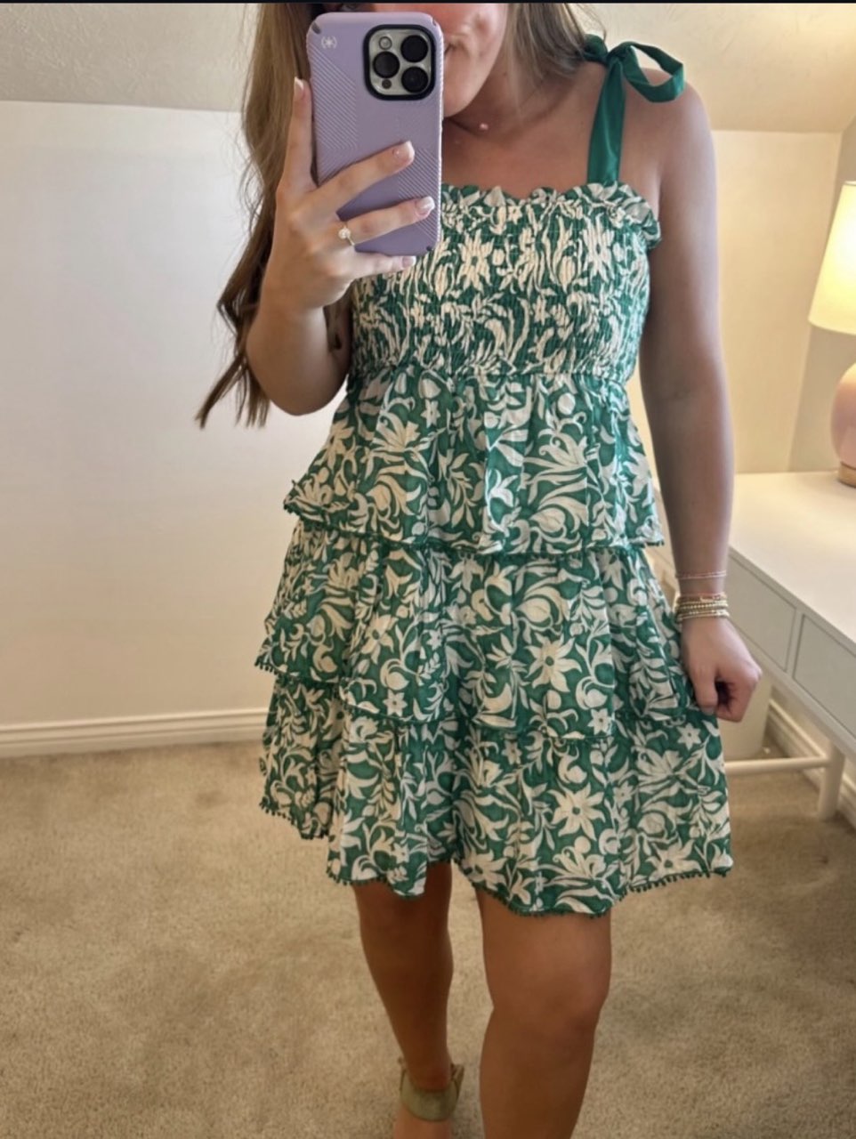 Green Floral Tiered Mini Dress