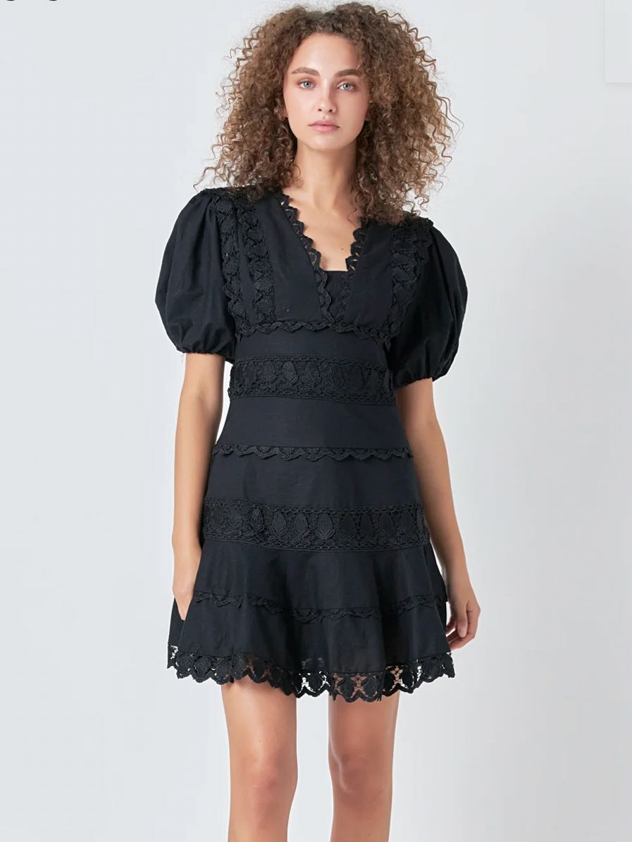 Plunging Lace Trim Dress with Puff Sleeve