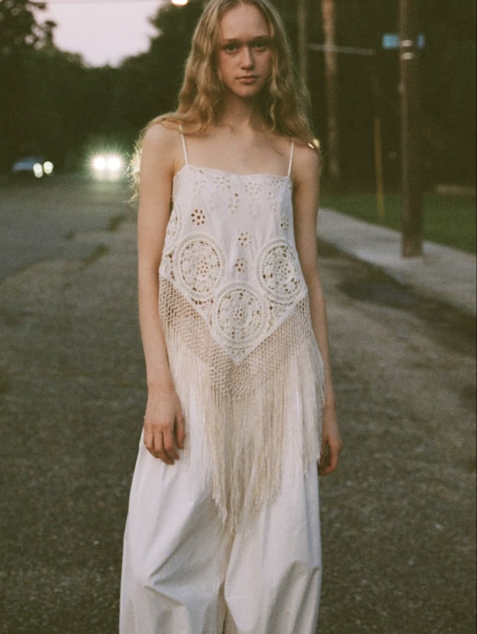 Cream Eyelet and Crochet Fringe Cami Top