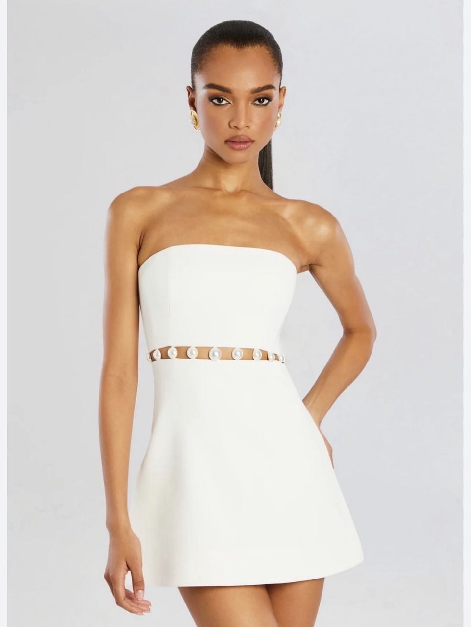 White Strapless Mini Dress with Pearl Waist
