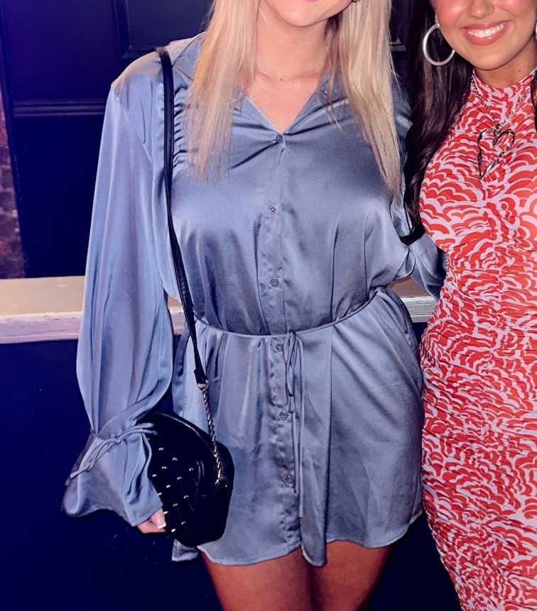 Slate Blue Satin Shirt Dress