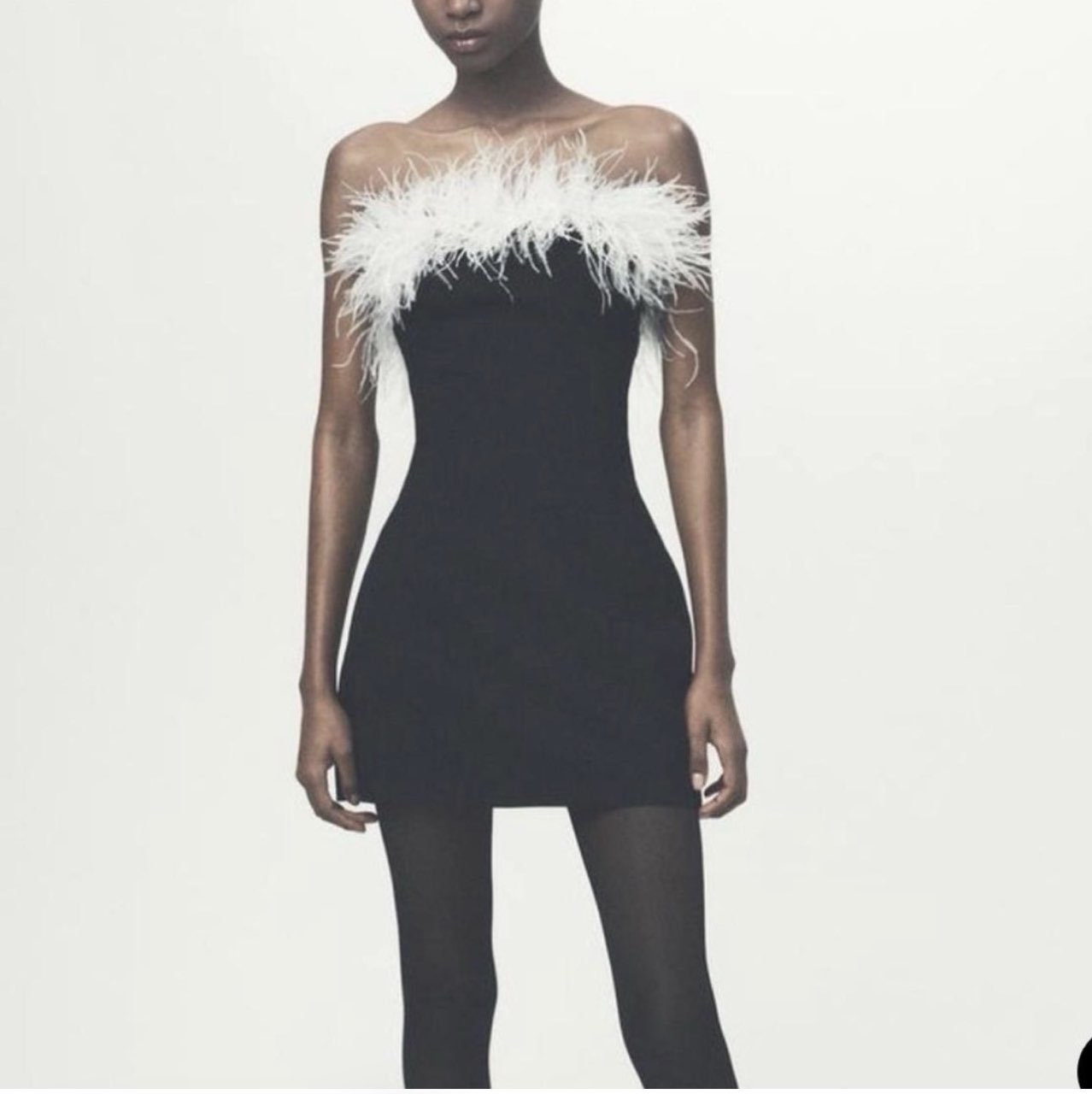 Black Feather Trim Strapless Mini Dress