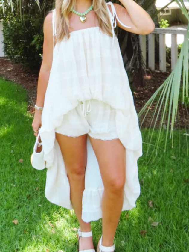 Off-White Gauze High-Low Top and Shorts Set