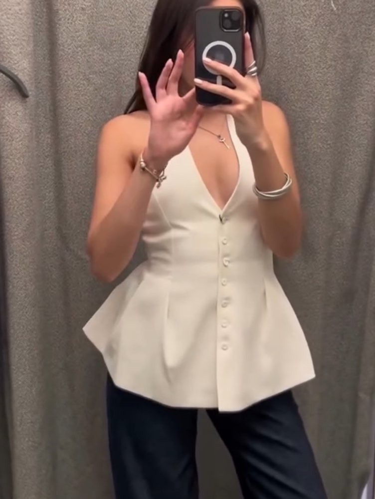 White Halter Peplum Button-Front Top