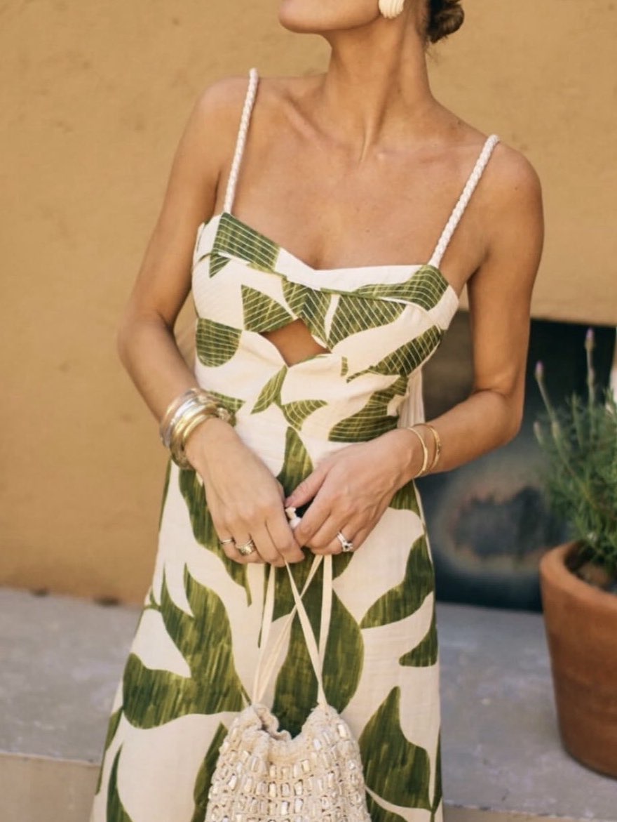 Green Leaf Print Cut-Out Midi Dress