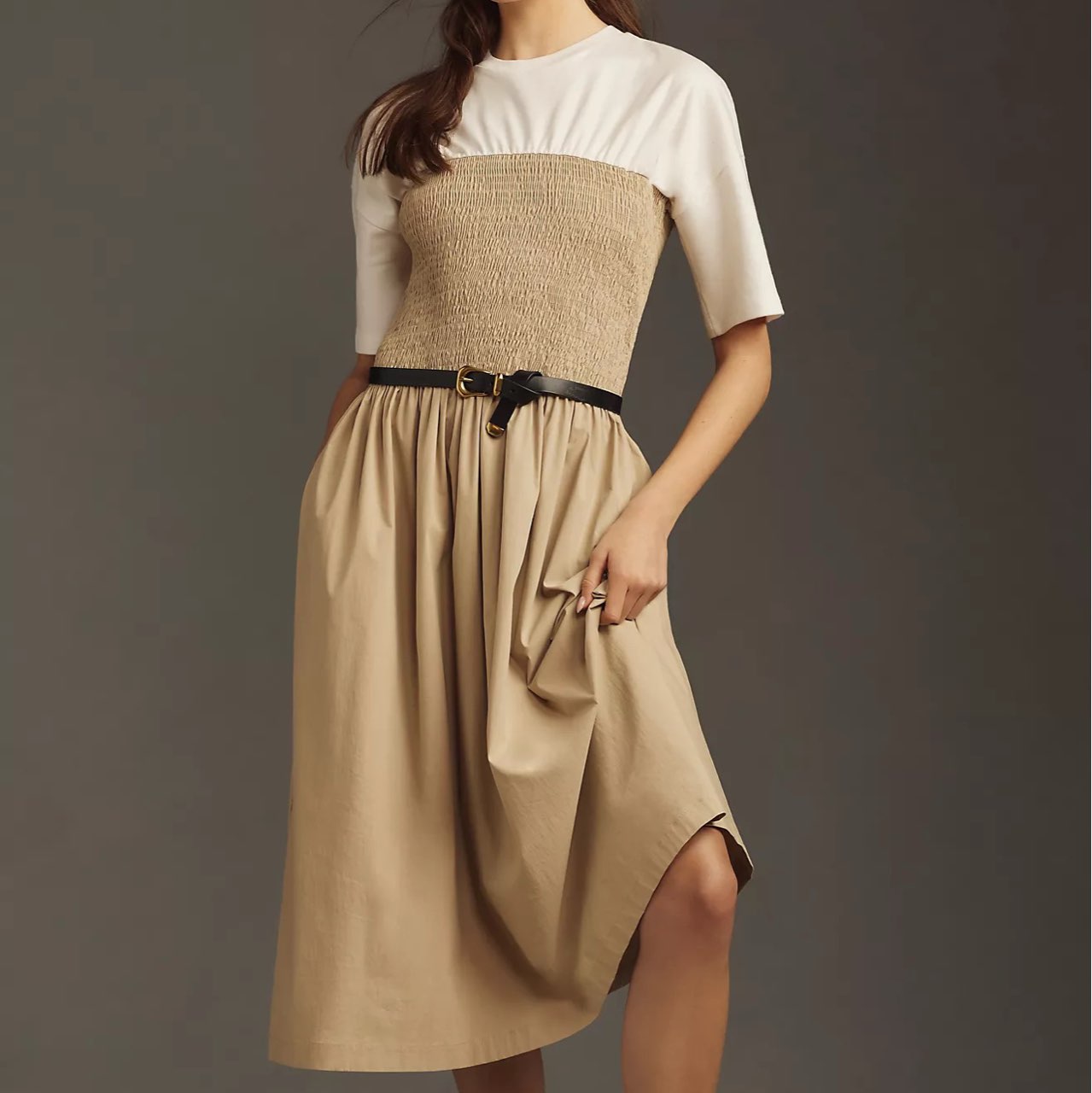 Maeve/Anthropologie Two-Tone Smocked Midi T-Shirt Dress (no belt)