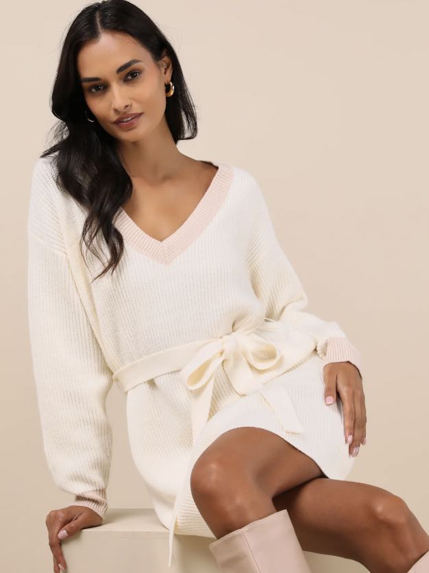 Cuddly Forecast Ivory Long Sleeve Belted Sweater Mini Dress