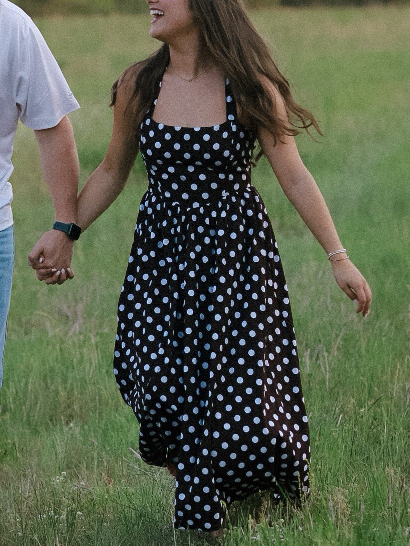 Brown halter polka dot dress with sinched in waist area