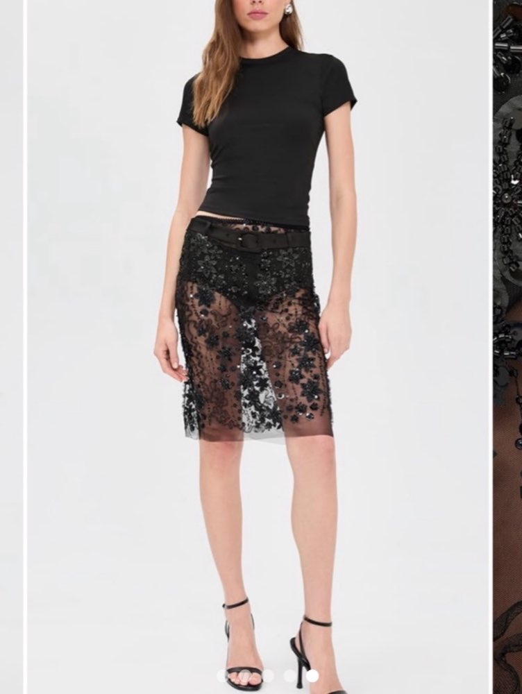 Black Sheer Floral Embellished Midi Skirt