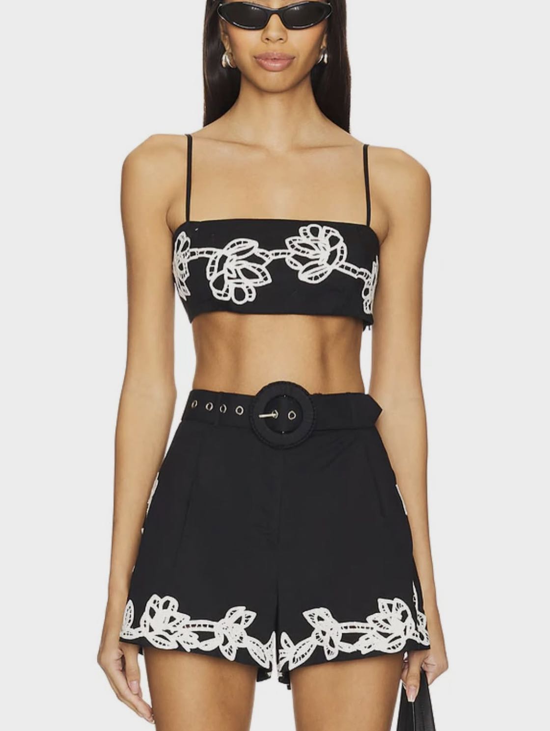 Black Floral Embroidered Crop Top and Shorts Set