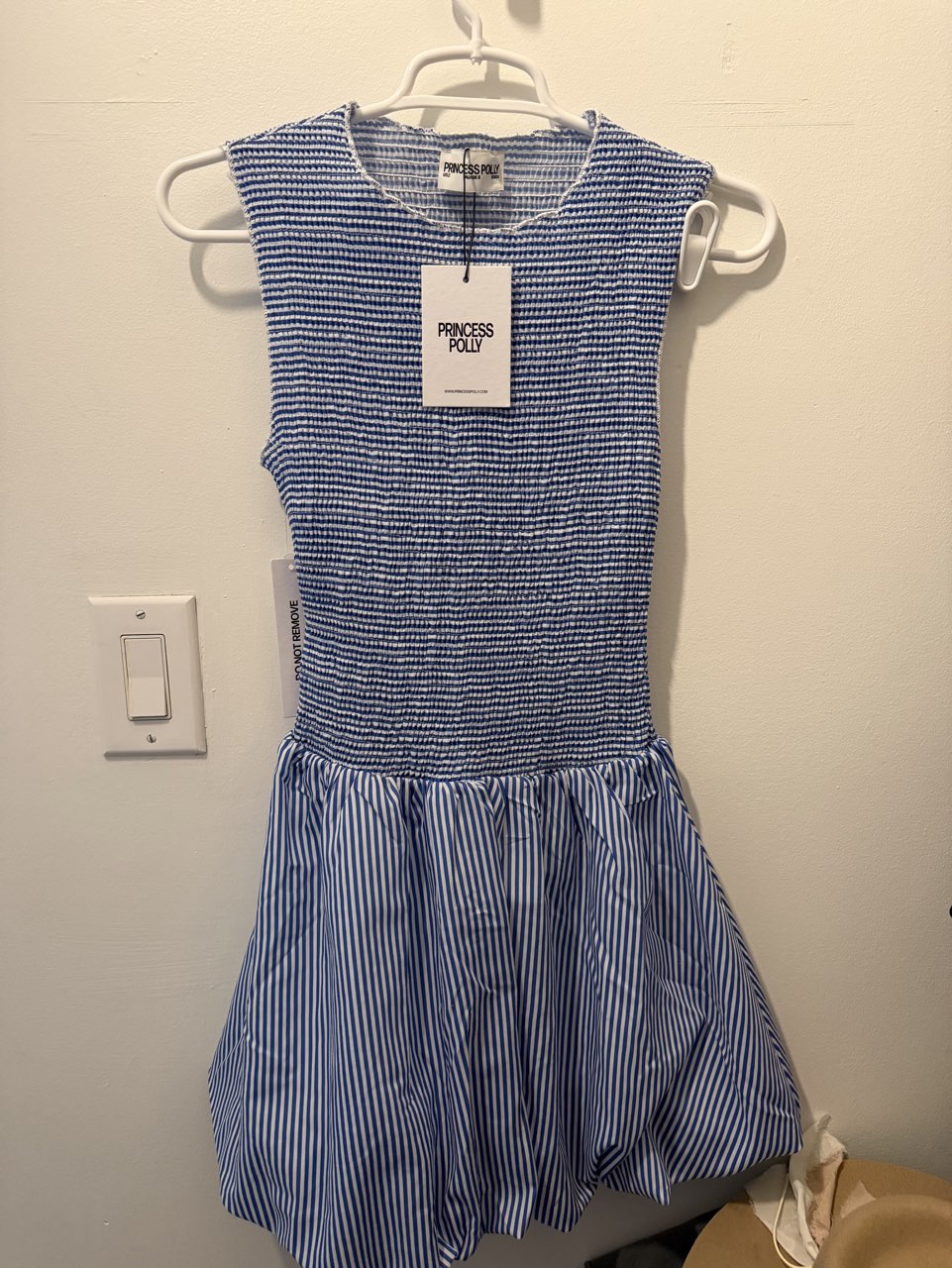 Blue and White Striped Shirred Bubble Dress