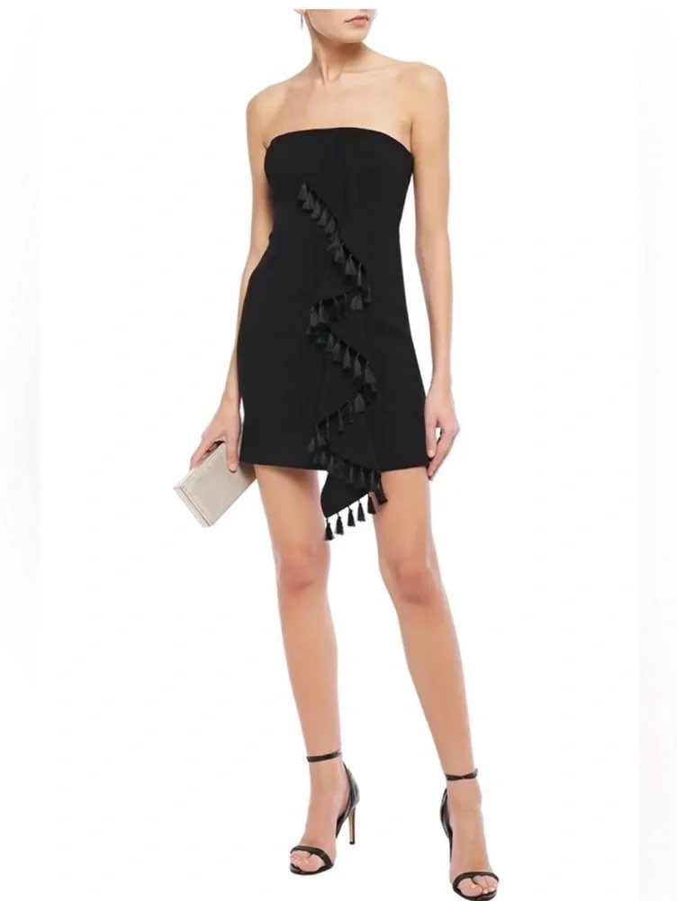 Cinq à Sept Black Strapless Ruffle Tassle Dress