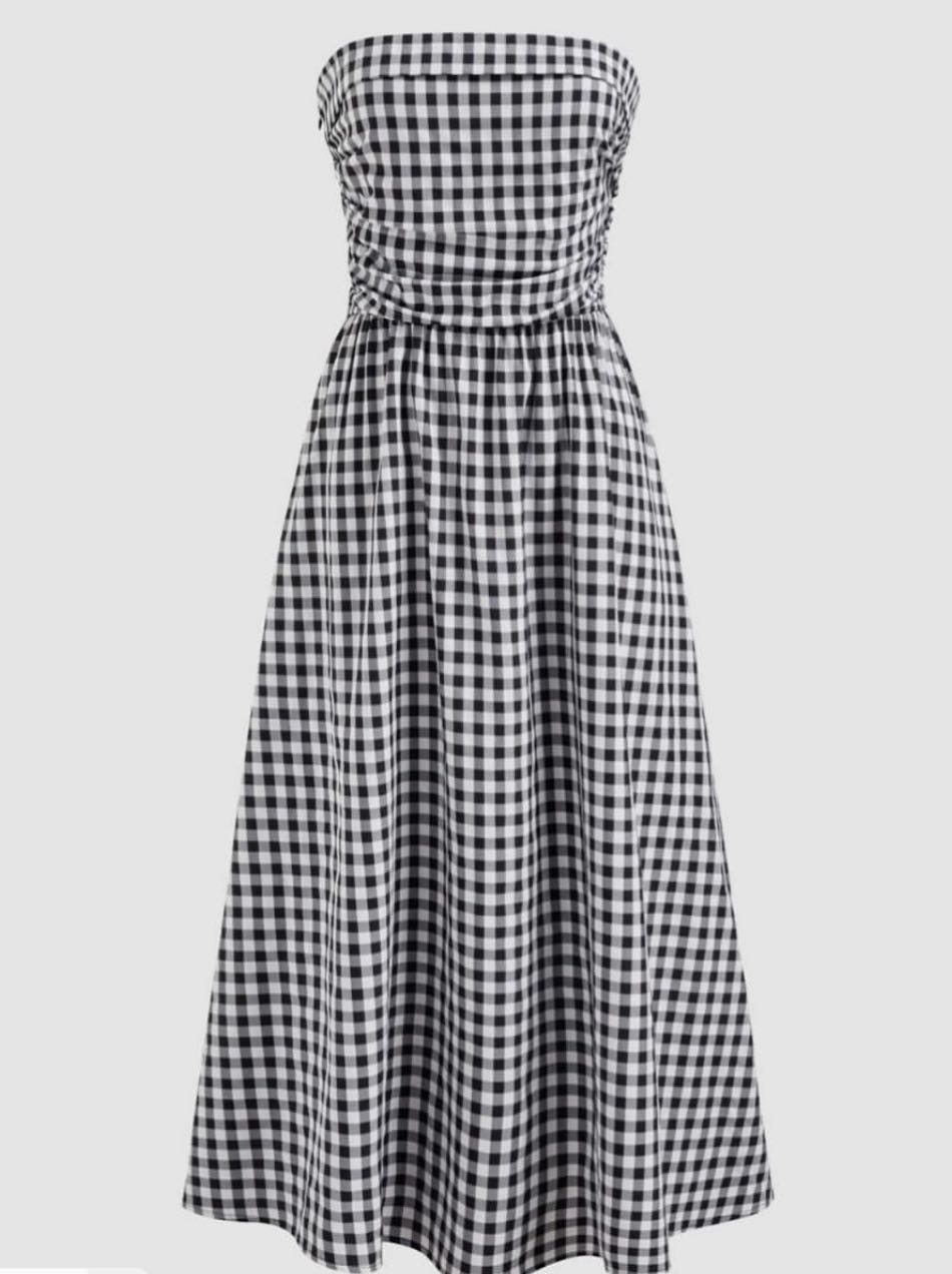 Cider Tube Gingham Ruffle Shirred Zipper Midi Dress