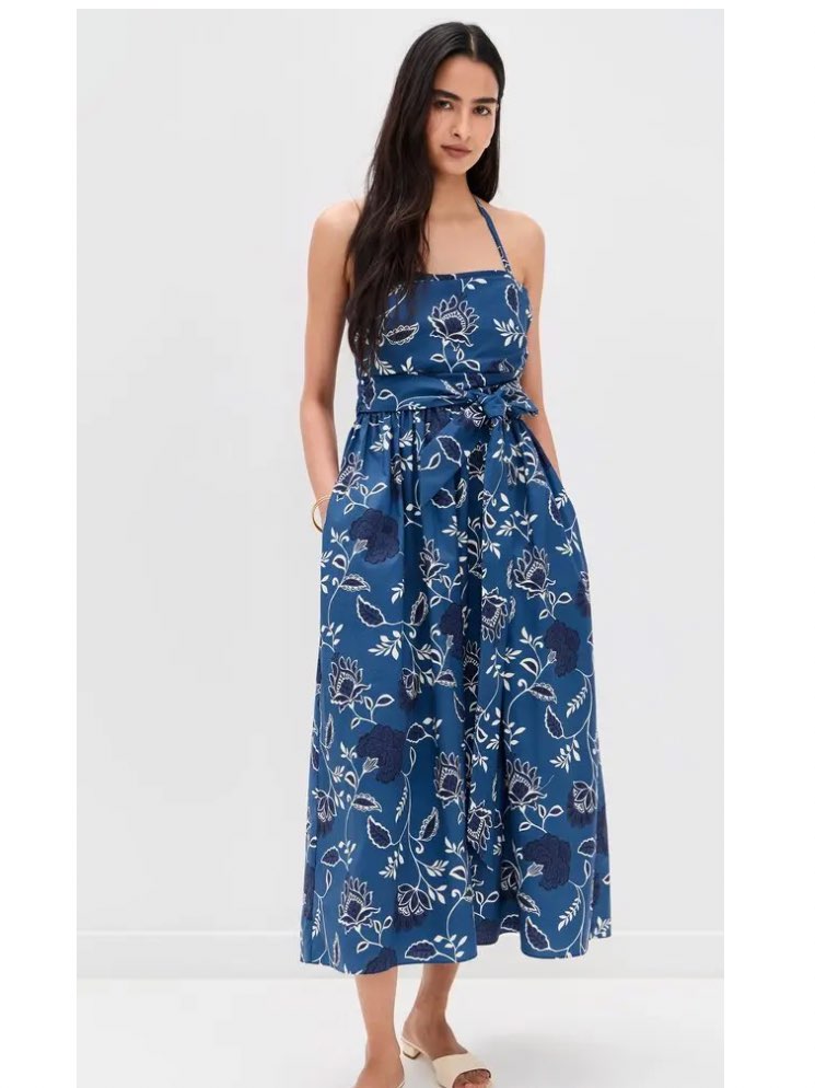 Blue tie waist midi dress