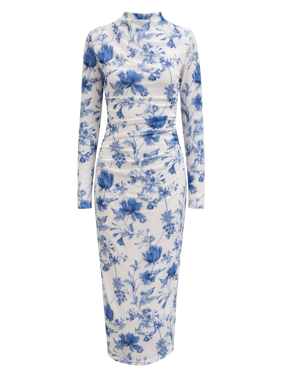 Blue and White Floral Ruched Midi Dress
