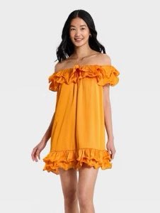 Orange Ruffled Off-Shoulder Mini Dress
