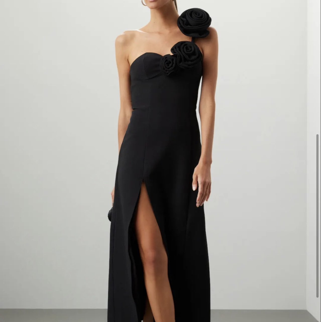 Wolf Gang Black One-Shoulder Rose-Appliqué Maxi Dress