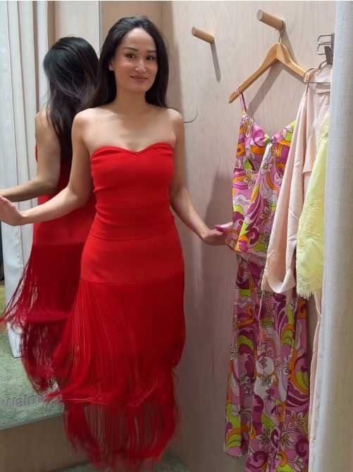 Red Strapless Fringe Midi Dress