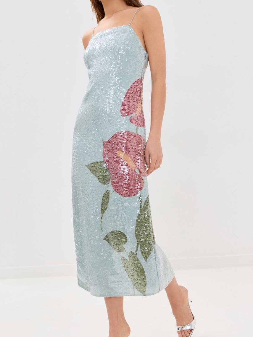 Sequin Blue Anthurium Flowers Midi Slip Dress