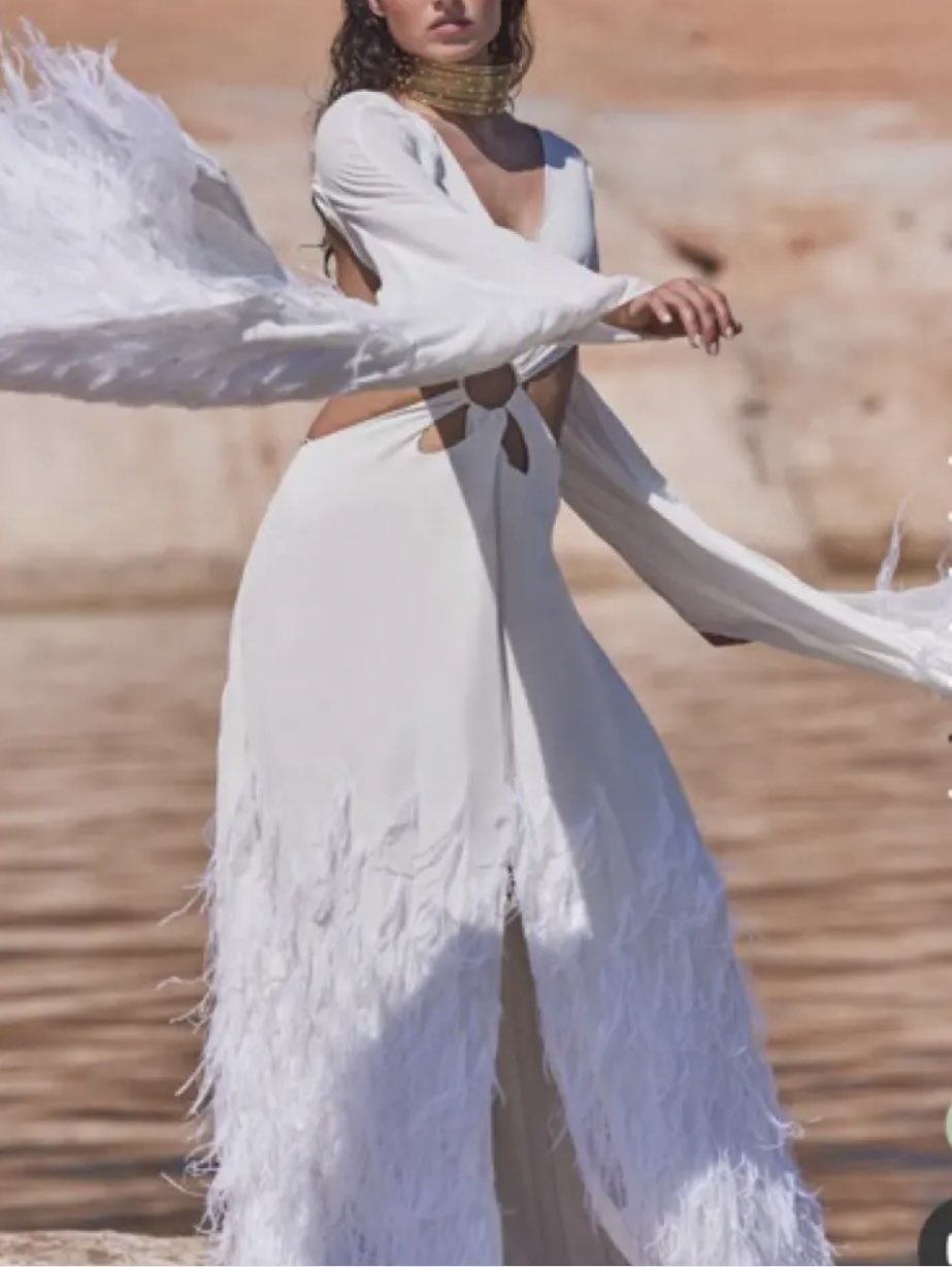 White Cut-Out Feathered Gown