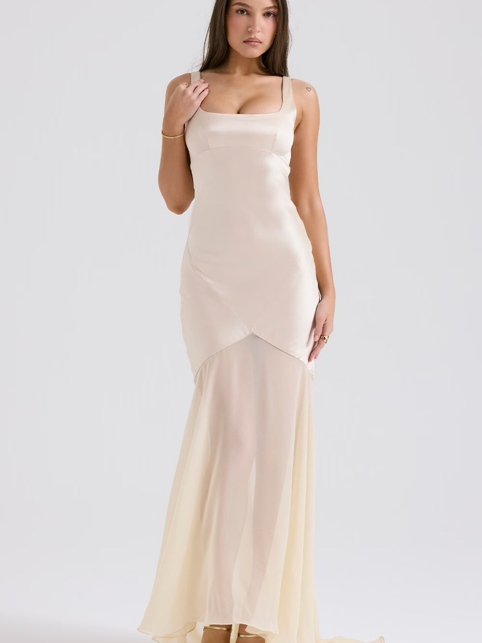 House of CB Vittoria Gold Champagne Maxi Dress Gown Sheer