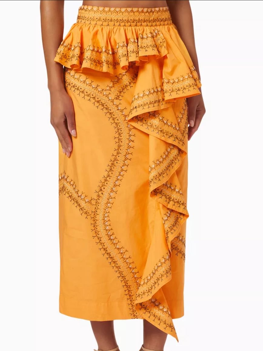 Ulla Johnson Orange Embroidered Midi Skirt